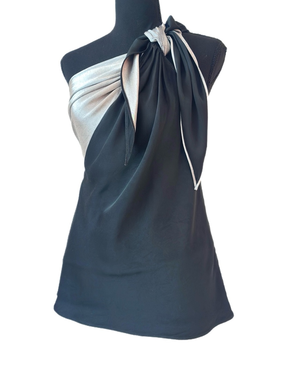 Helmut Lang Black and Silver One-Shoulder Draped Blouse